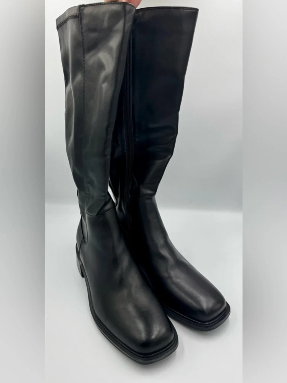 Black Vegan Leather Square Toe Knee High Boots Block Heel Size 10
